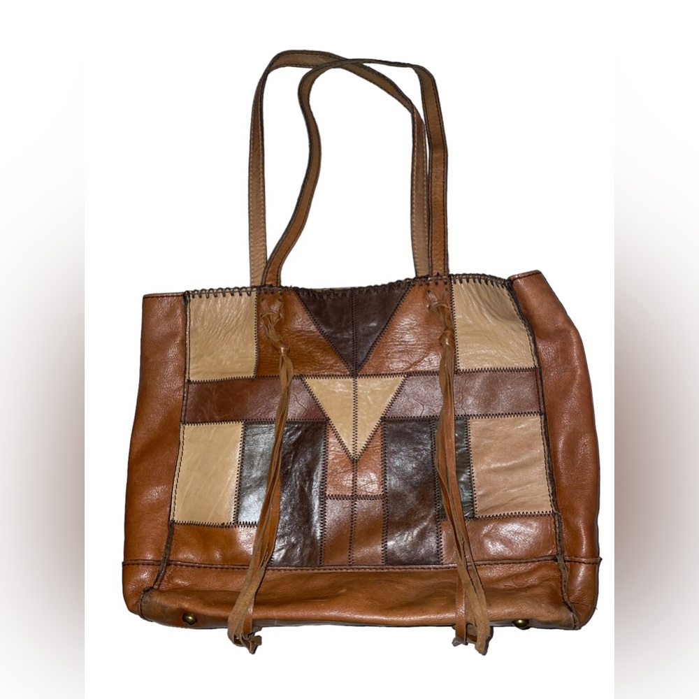 Patricia Nash Patchwork Leather Brown Shoulder Bag Tote Purse Tassles